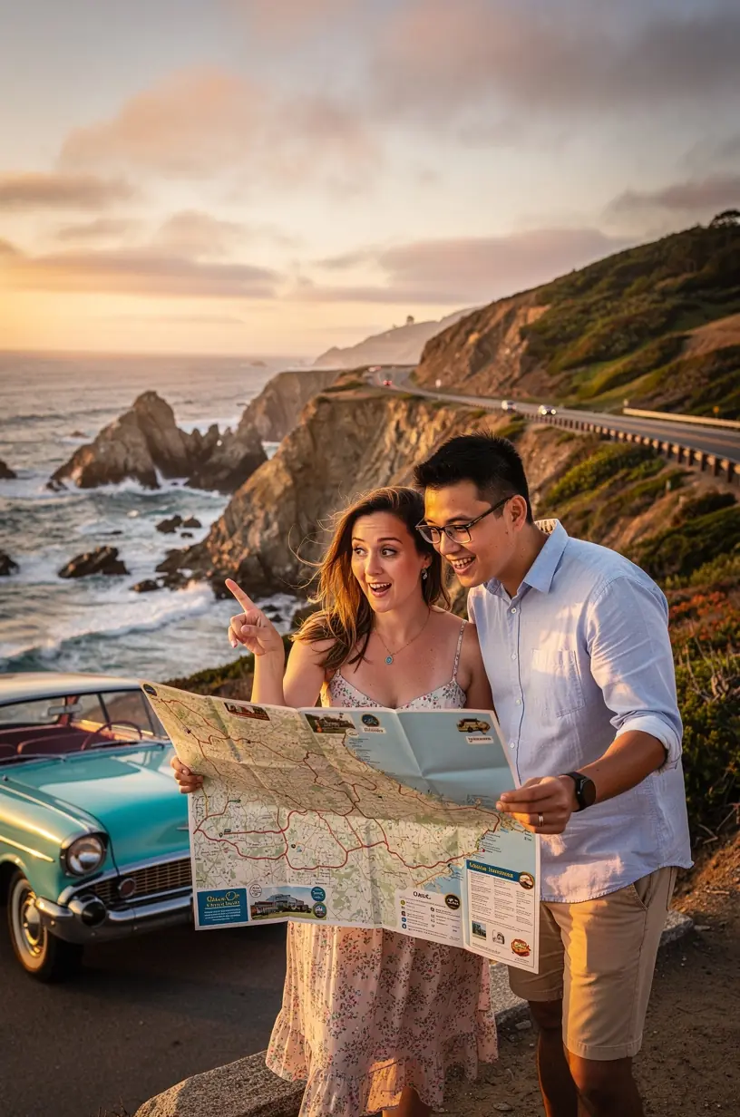 Крупный план рук, держащих карту с маршрутом и списком рекомендованных мест для посещения в США